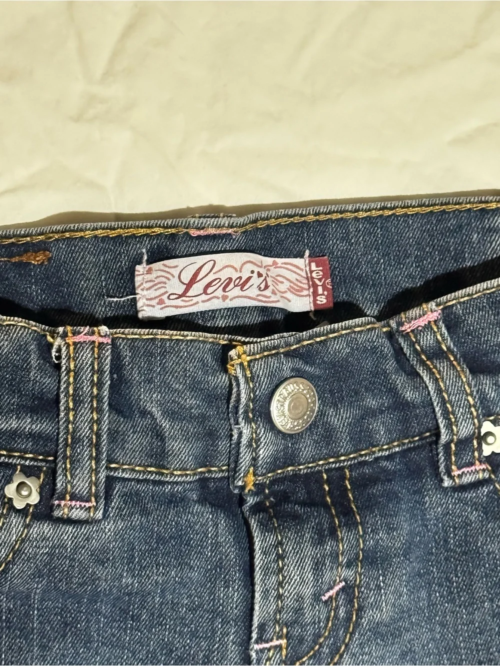 VINTAGE Levi's Girls Denim Knee-Length Shorts Pink Butterfly Embroidered Size 5